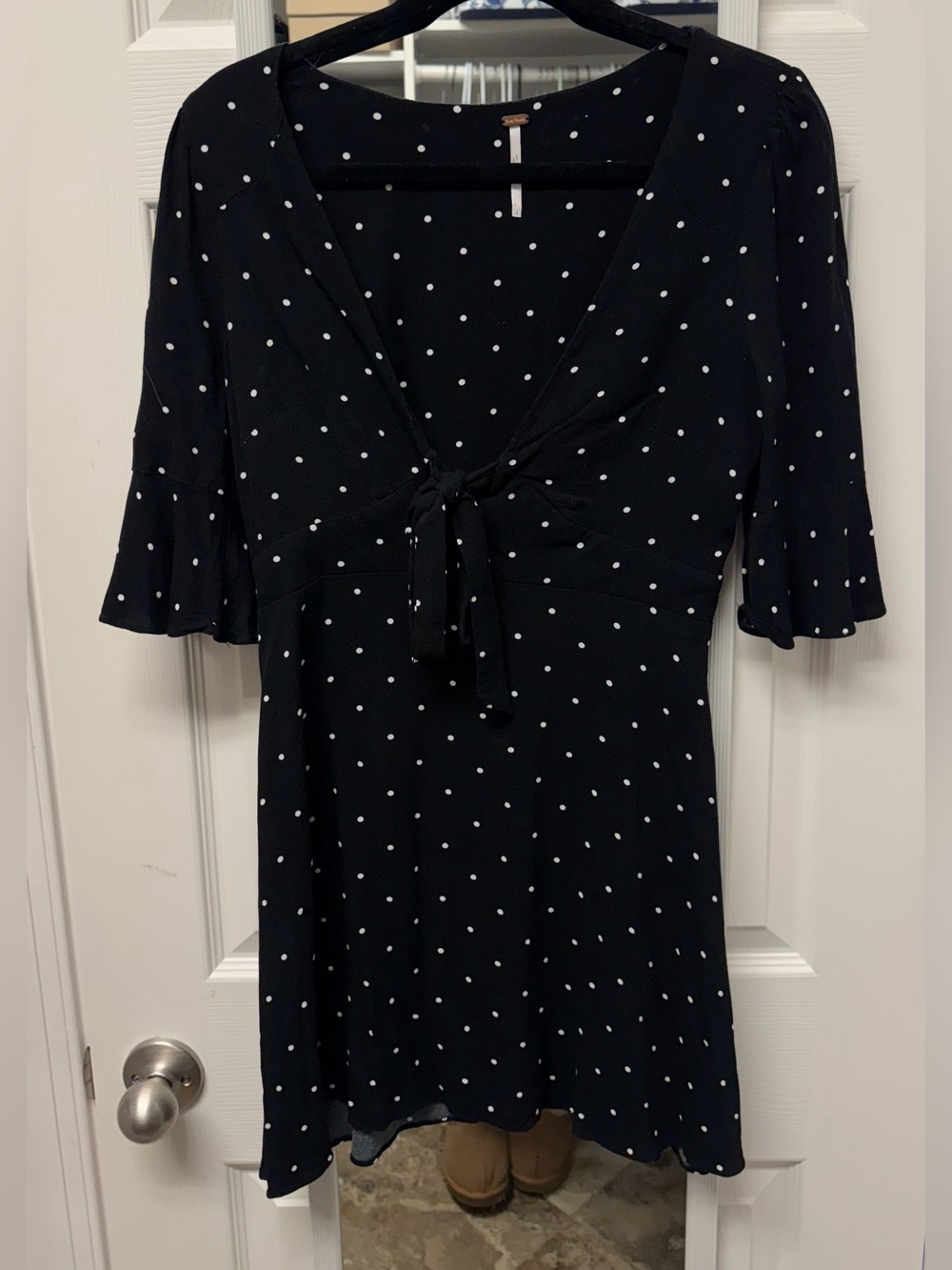 Free People Black with White Polka Dots Tie-Front Midi Dress